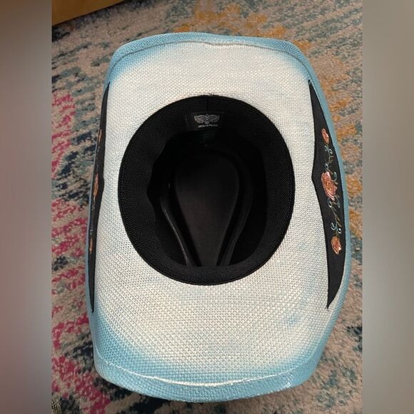 Angela &William Women's Western Straw Hat w/Badge and Floral Trim Blue - Picture 5 of 6